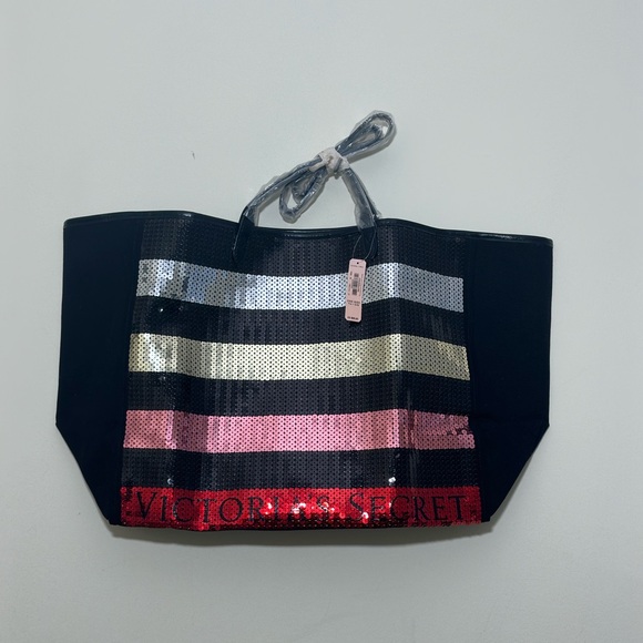 Nwt VICTORIA'S SECRET STRIPED SEQUIN BLACK PINK RED LOGO TOTE - Picture 1 of 13